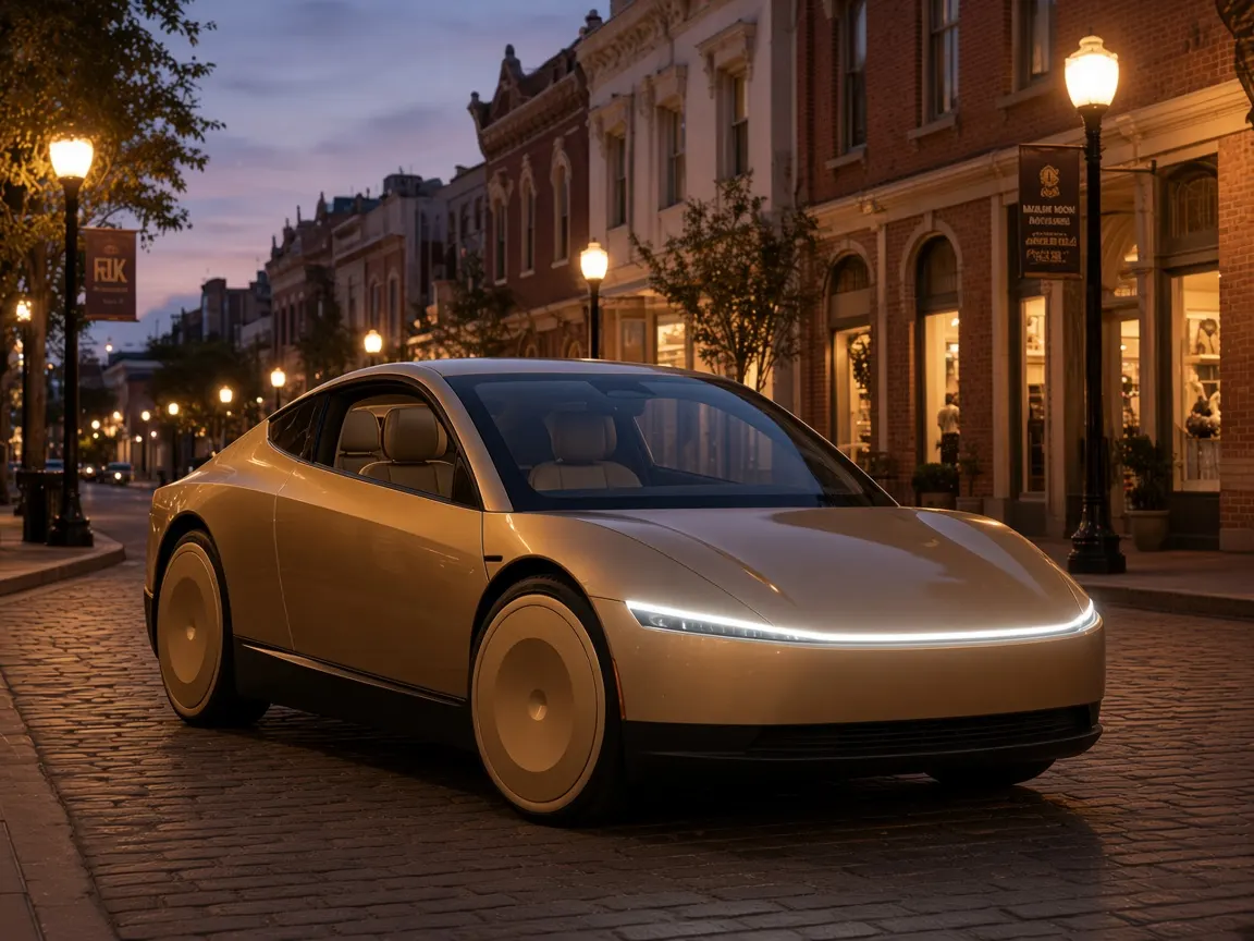 A gold Tesla Cybercab on a downtown San Diego street