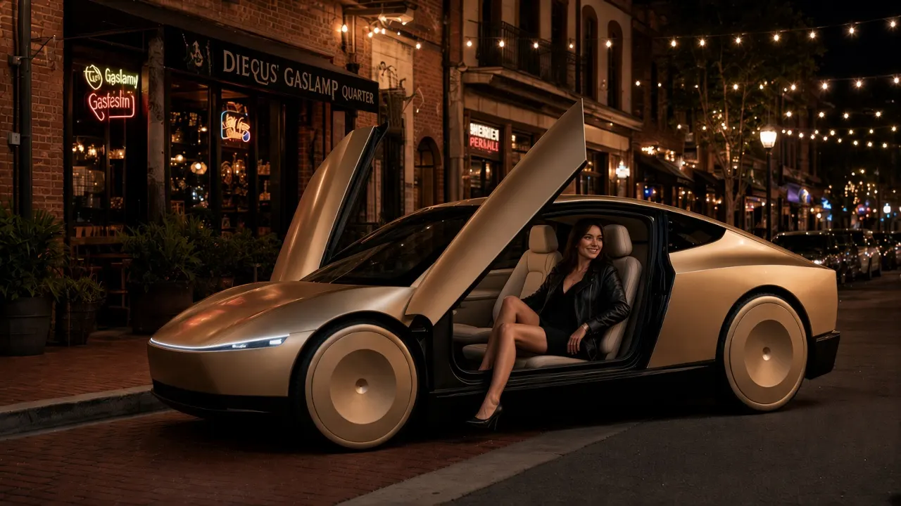 A passenger stepping out of a Cybercab at the curb in the Gaslamp Quarter at night