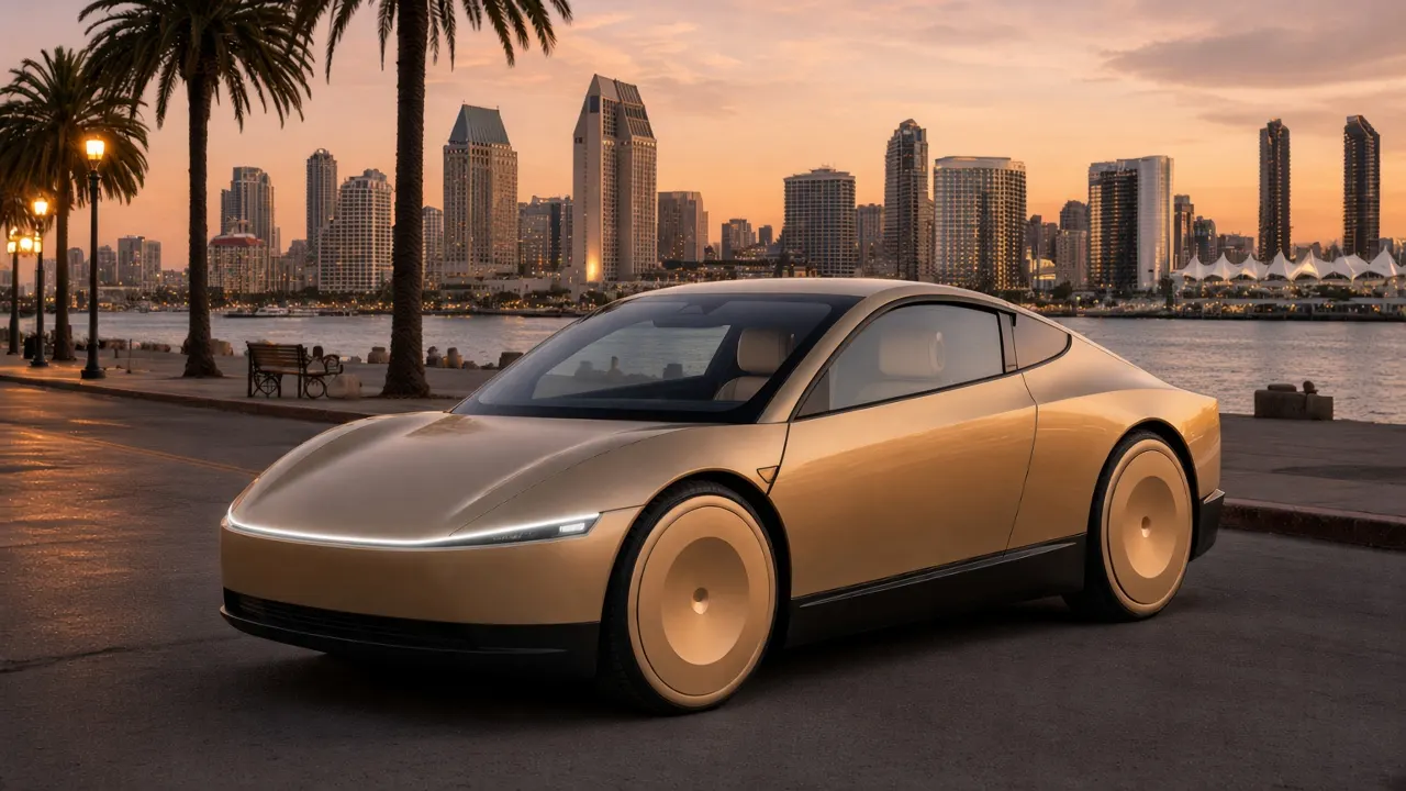 A gold Tesla Cybercab on the San Diego waterfront