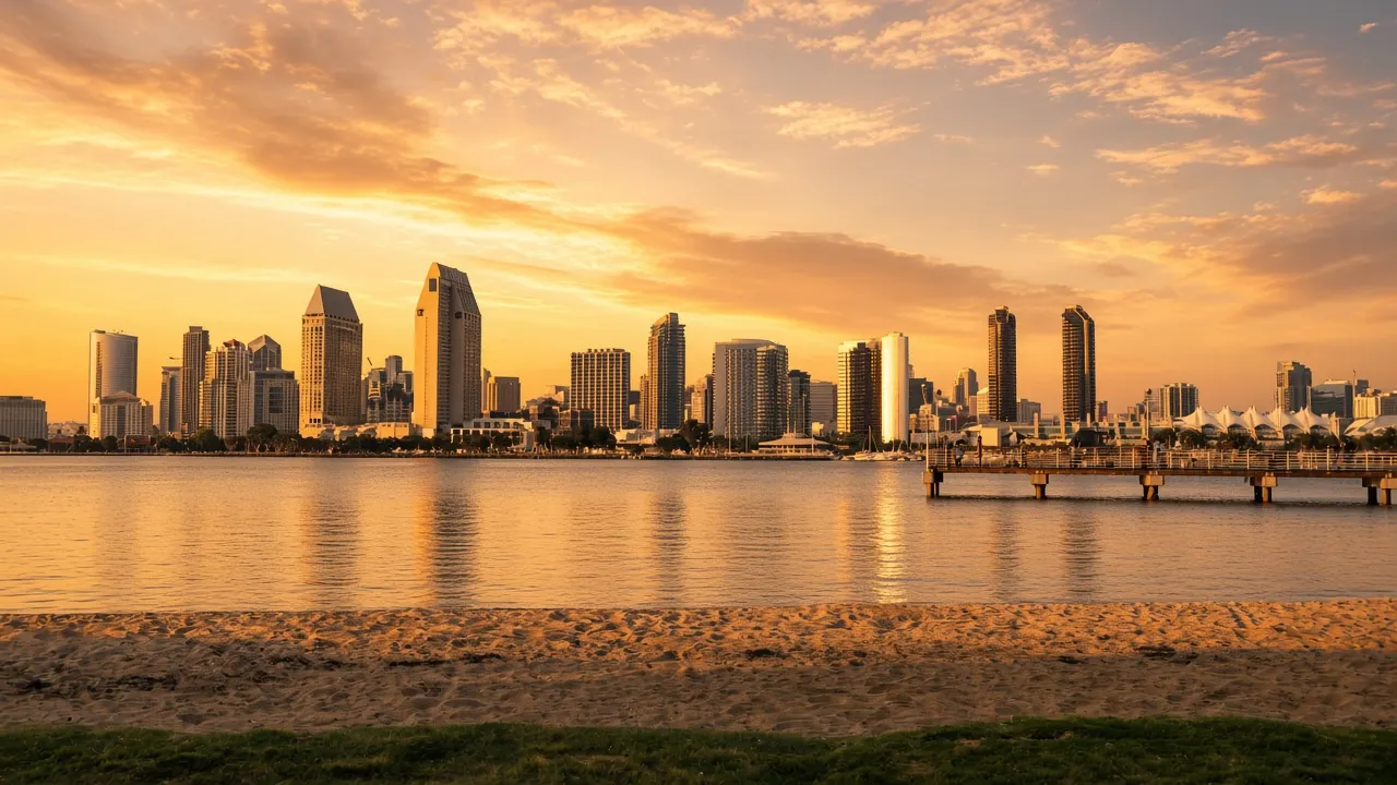 Downtown San Diego skyline at sunset across the bay from Coronado